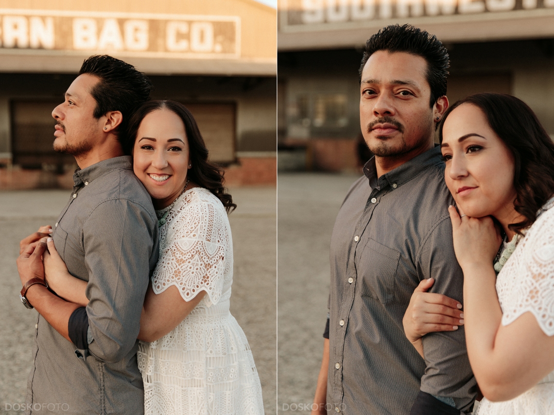 Amanda Doskocil (DOSKOFOTO), a Long Beach Wedding Photographer, travels downtown with Luis and Suzanne for an urban Los Angeles engagement photoshoot at the Nate Starkman & Son building.